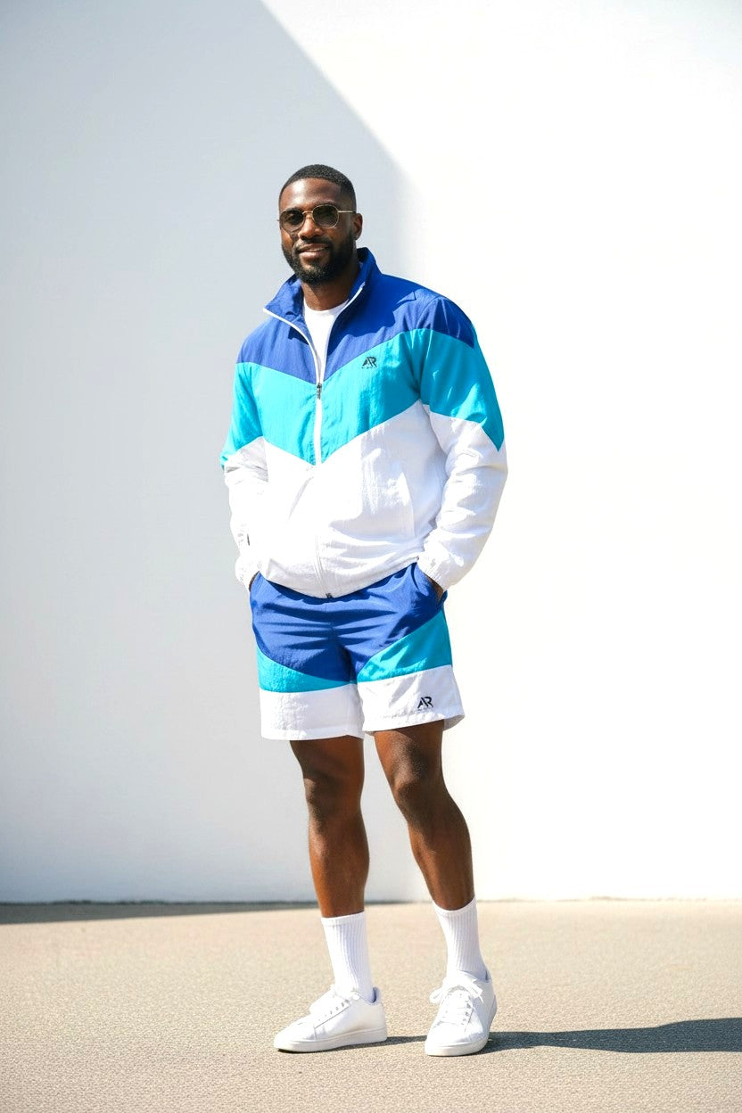 Men's 2Pcs Zip Up Long Sleeve Windbreaker jackets with Matching Shorts in blue and white.