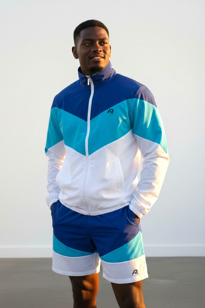 Men's 2Pcs Zip Up Long Sleeve Windbreaker jackets with Matching Shorts, stylish athletic wear for men.