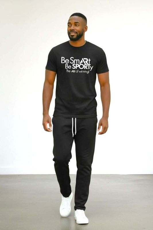 Model wearing Be Smart Be Sporty round neck t-shirt 