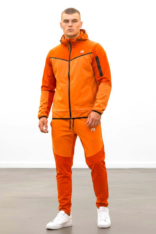 Men wearing AR Sportswear Men's 2Pcs Hoodie Tracksuit in orange, designed for style and comfort in various activities.