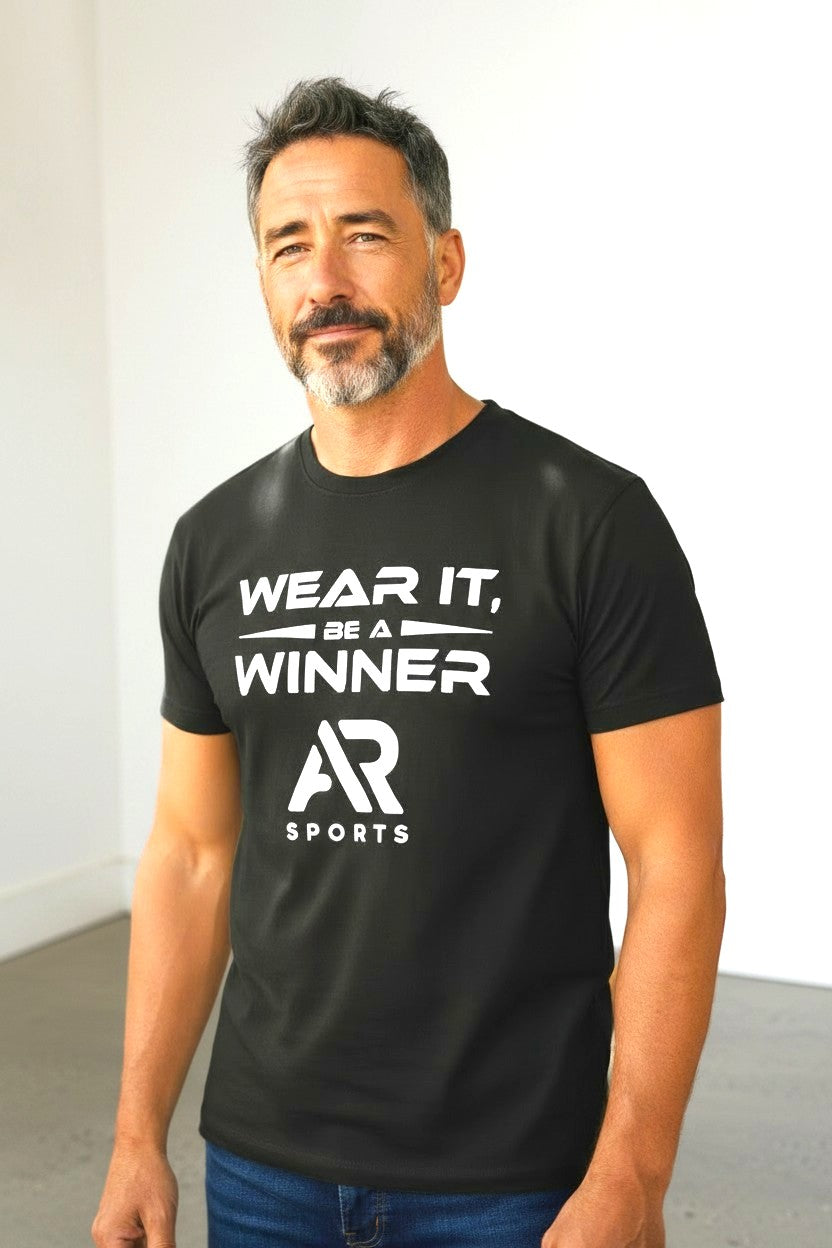 Men's black slogan logo t-shirt from AR Sportswear, perfect for active lifestyles.