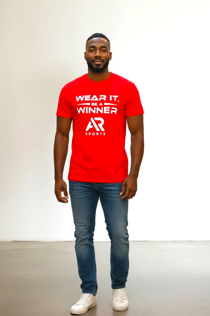 Men's Short Sleeves Slogan Logo T-shirt in red worn by a man, promoting a stylish and active lifestyle.