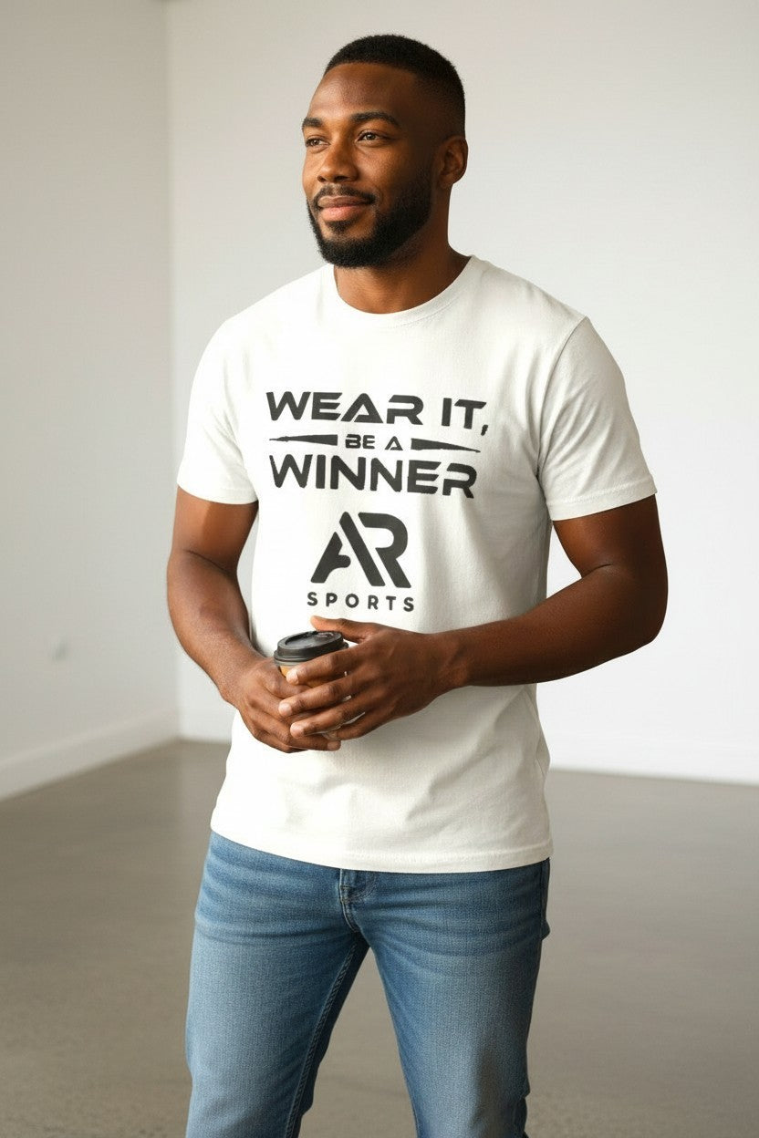 Men wearing a white short sleeves slogan logo t-shirt from AR Sportswear, promoting an active lifestyle.