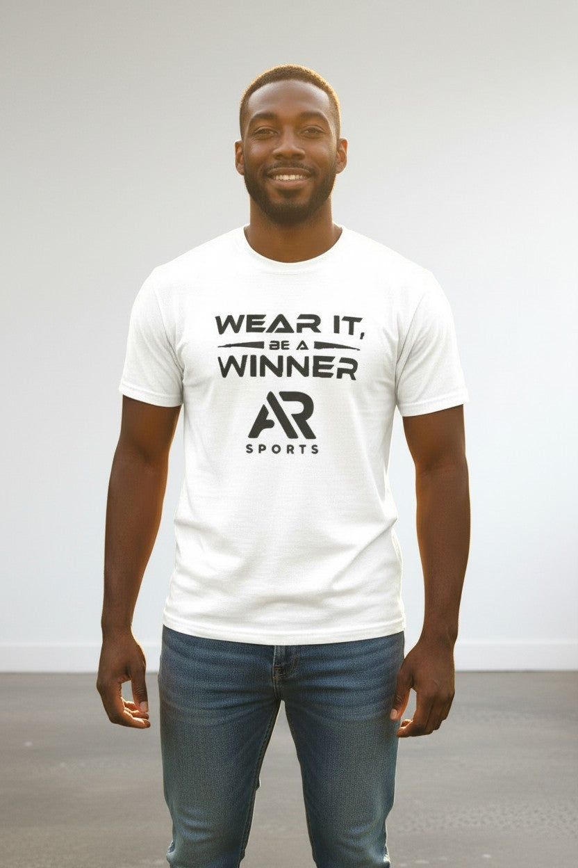 Men's Slogan Logo T-shirt from AR Sportswear promoting 'Wear It, Be A Winner' for active lifestyle.