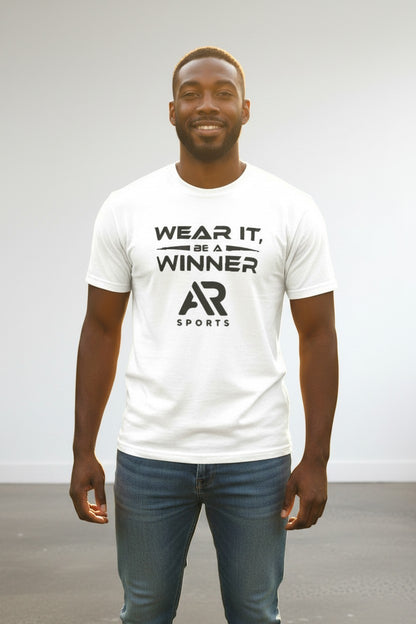 Men's Slogan Logo T-shirt from AR Sportswear promoting 'Wear It, Be A Winner' for active lifestyle.