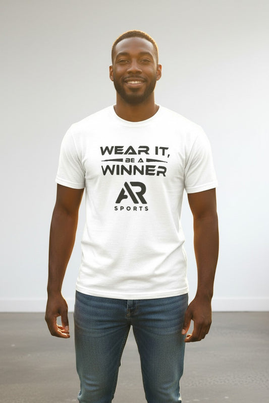 Men's Slogan Logo T-shirt from AR Sportswear promoting 'Wear It, Be A Winner' for active lifestyle.