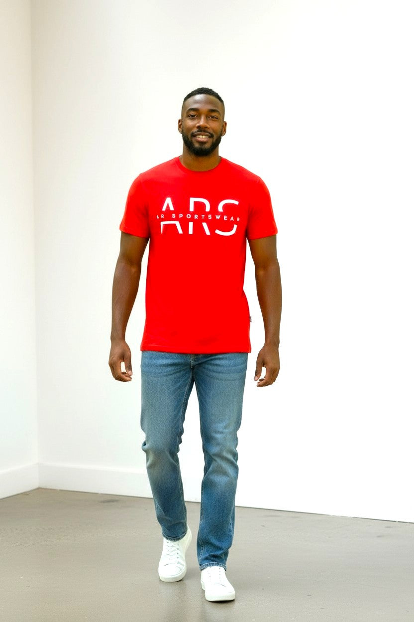 Men's Classic ARS Logo T-Shirt in red worn by a man, showcasing style and comfort for men.