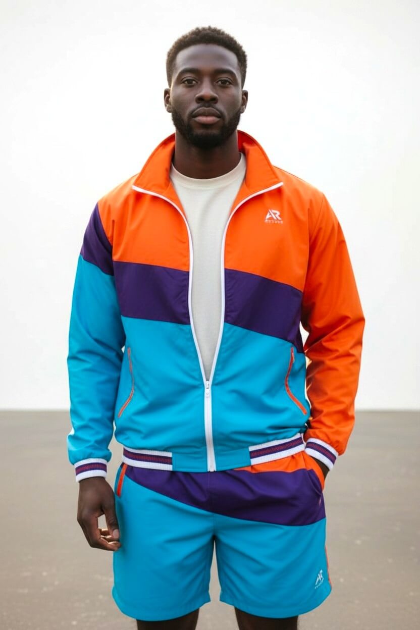 Men's tracksuit windbreaker jacket and matching shorts in vibrant colors, perfect for active days.