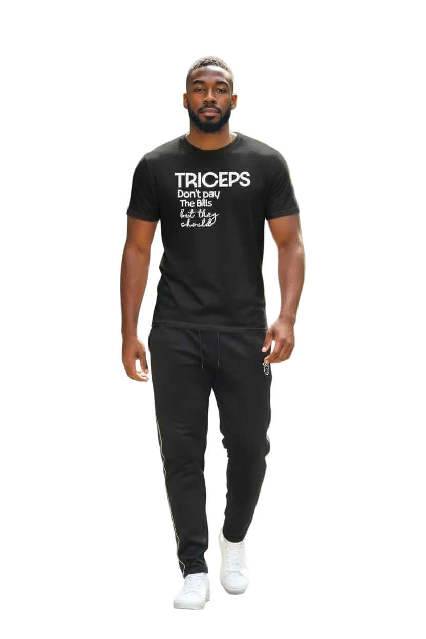 Men's black t-shirt with humor graphic, perfect for casual wear and fitness activities.