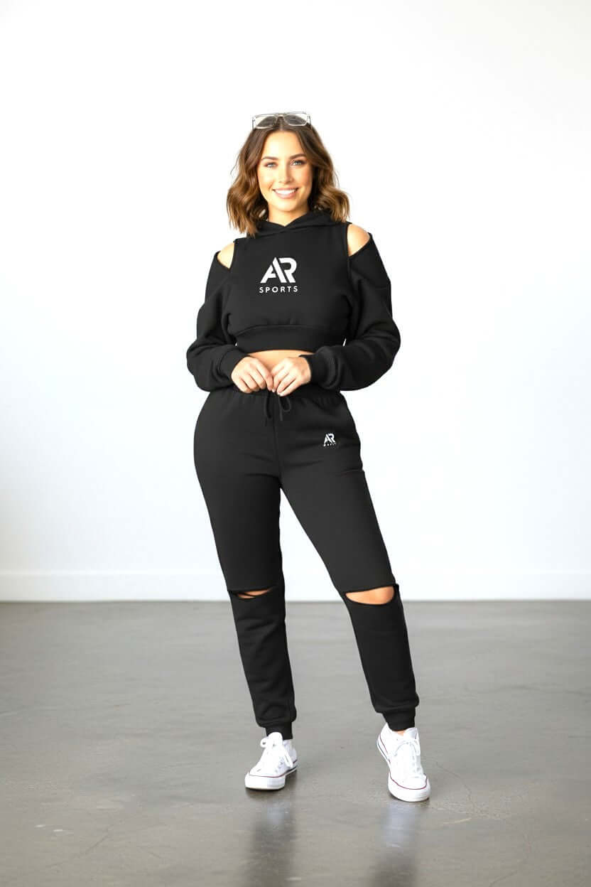 Women wearing AR Sportswear 2Pcs Hoodie Crop Top Pullover Zipper with Matching Pants in black.