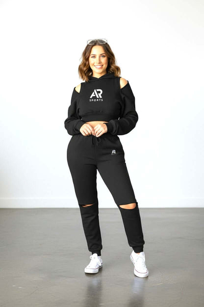 Women wearing AR Sportswear 2Pcs Hoodie Crop Top Pullover Zipper with Matching Pants in black.