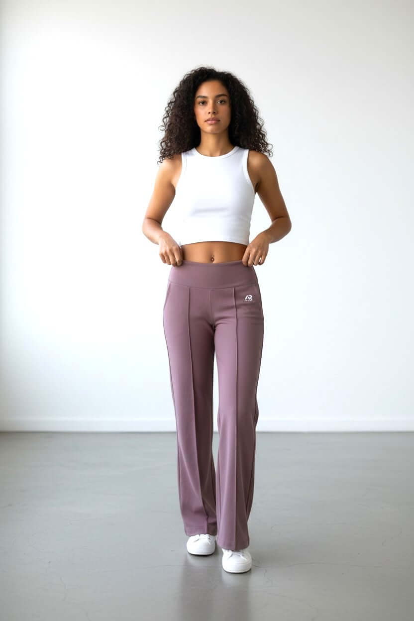Women wearing Women's High Waist Shapewear Wide Leg Pants in lavender, showcasing a flattering silhouette and comfort.