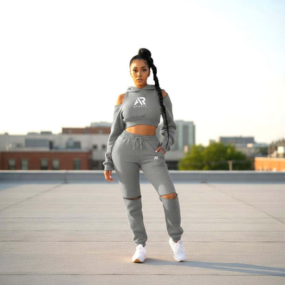 AR Sportswear women's 2Pcs Hoodie Crop Top Pullover Zipper with Matching Pants