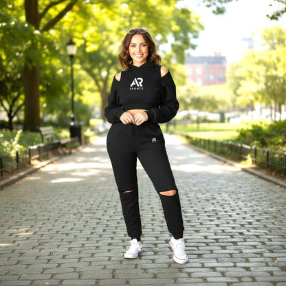 AR Sportswear women's 2Pcs Hoodie Crop Top Pullover Zipper with Matching Pants