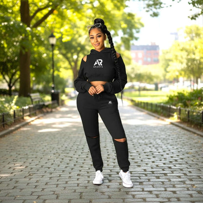 AR Sportswear women's 2Pcs Hoodie Crop Top Pullover Zipper with Matching Pants