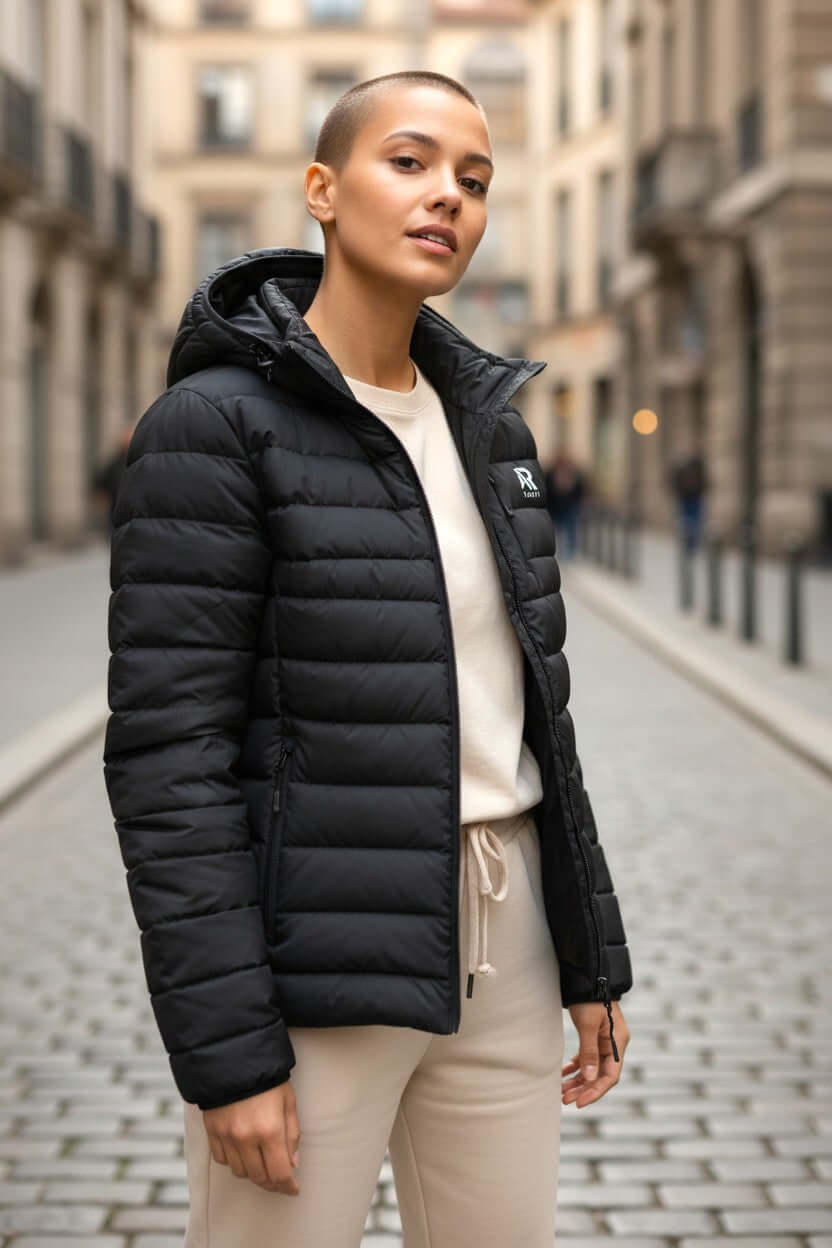Men's winter Down Puffy Jacket With Detached Hood in urban setting, showcasing warmth and style for men.