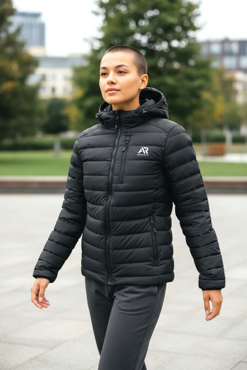 Man wearing a stylish black men's winter down puffy jacket with detached hood during a city stroll.