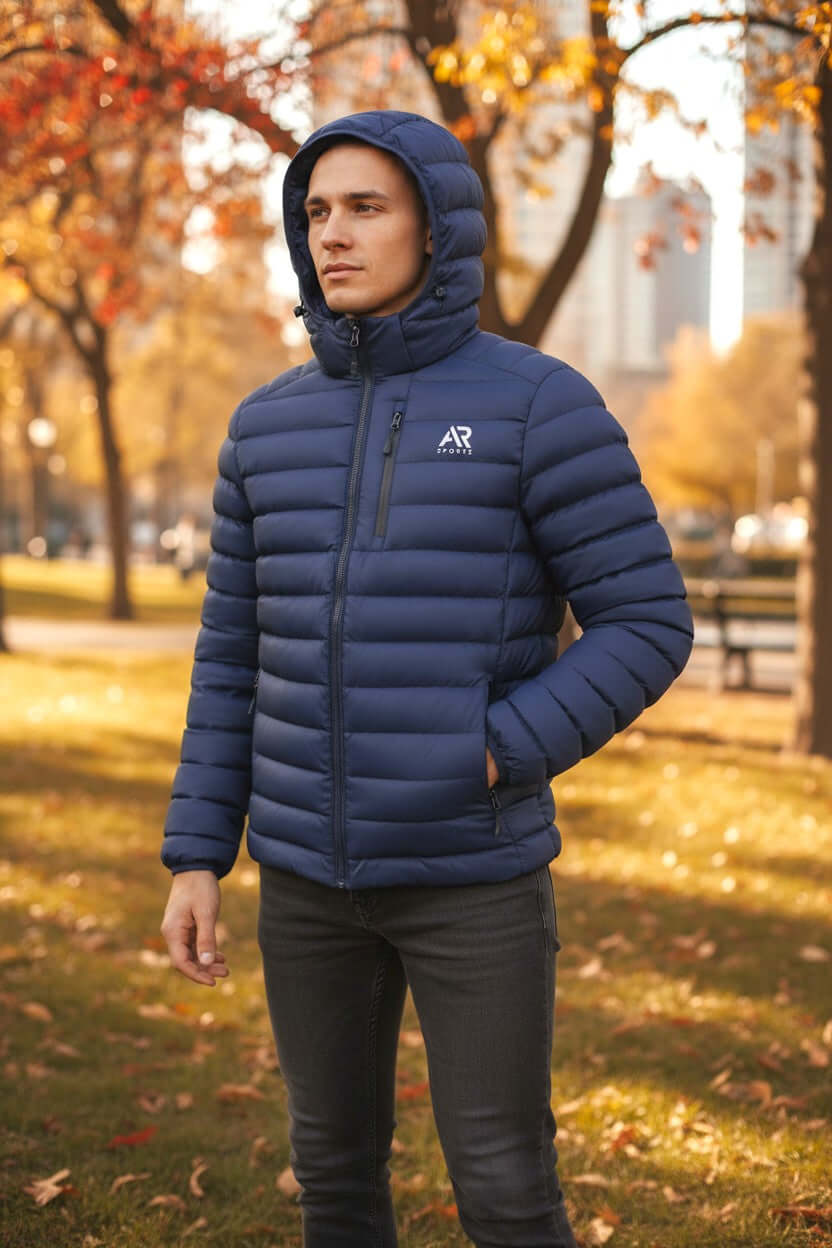 Men wearing a blue down puffy jacket with detached hood, standing in an autumn park.