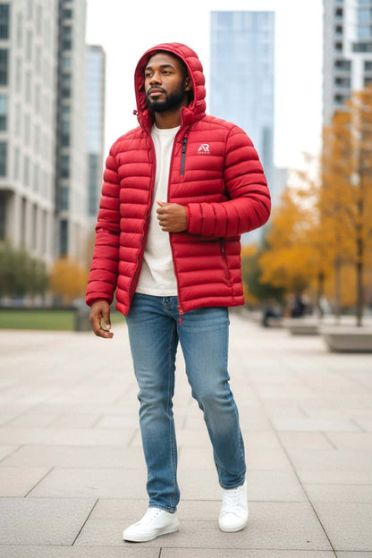 Men's winter down puffy jacket with detached hood in red, perfect for cold weather fashion.