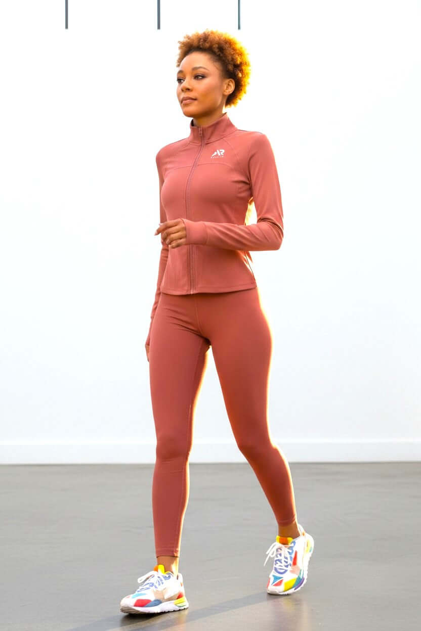 Women wearing a stylish women's 2Pcs Full Zip lightweight tracksuit while walking indoors.
