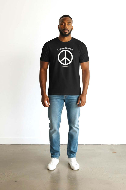 Men's Short Sleeve T-Shirt in Black featuring peace symbol design for casual style.